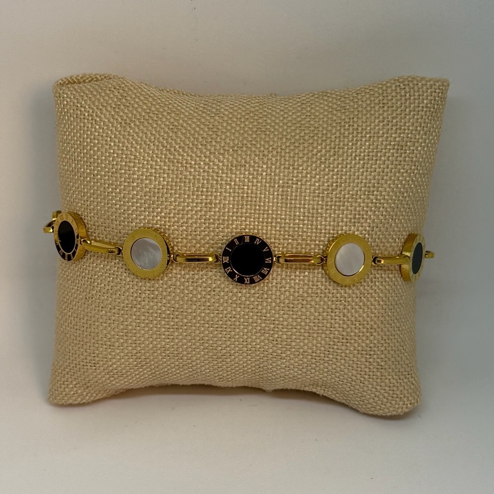 Gold Plated Roman Numeral Bracelet | Black & White Enamel Stainless Steel - Picture 2 of 5